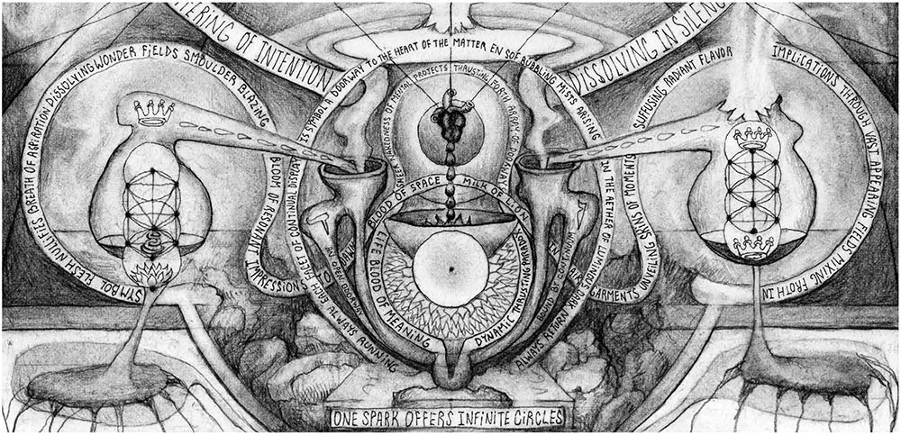 Esoteric pencil drawing featuring alchemical vessels, Tree of Life symbols interconnected by flowing lines