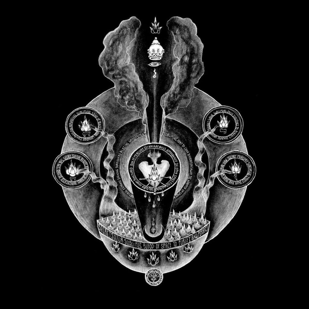 Black-and-white esoteric diagram with central mountain, heart flame, moon, fire, and alchemical symbols
