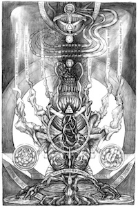 Vertical esoteric diagram with heart, vessels, roots, Hebrew letters, flowing alchemical streams