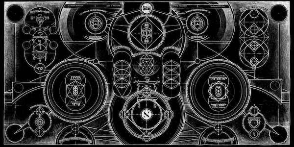 Horizontal black-and-white esoteric diagram with central spheres, Hebrew symbols, concentric circles, text