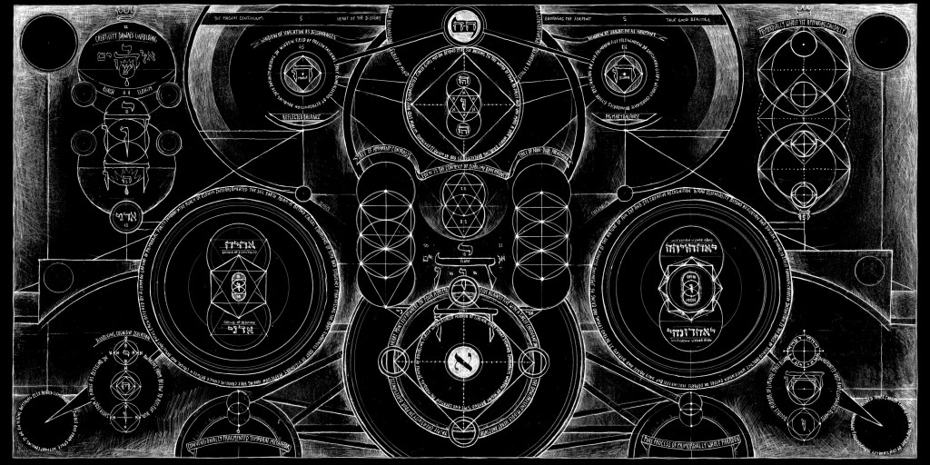 Horizontal black-and-white esoteric diagram with central spheres, Hebrew symbols, concentric circles, text