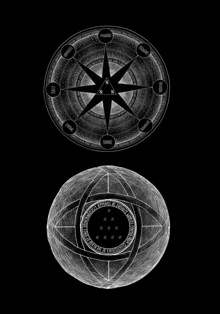 Two black-and-white circular esoteric diagrams with stars, ribbons, and symbolic grids