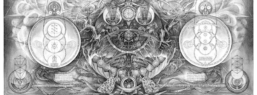 Black-and-white wide illustration with left and right circles, central roots, and brain-like forms