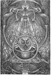 Vertical esoteric diagram with central mirrored sphere, Hebrew letters, banners, roots, flowers, horns, binary symbols, radiant light