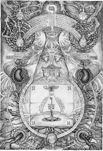 Esoteric diagram with hourglass vessel, pillar of light, flasks, kidneys, serpents, Hebrew letters, text, roots, geometric structures