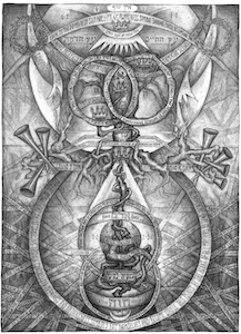 Vertical esoteric diagram in high contrast, featuring a serpentine trunk, crowned heart, dual trees, circular text, and radiant roots