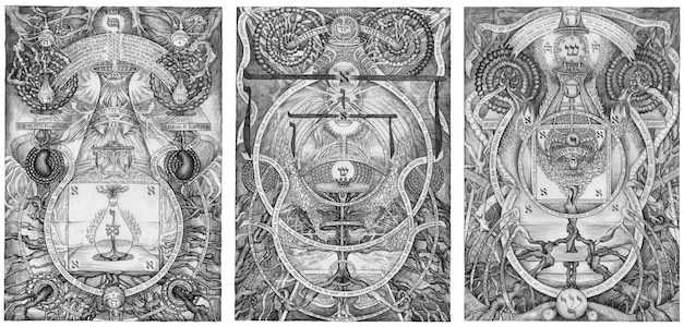 Horizontal triptych of three esoteric panels with vessels, Hebrew letters, roots, and heart
