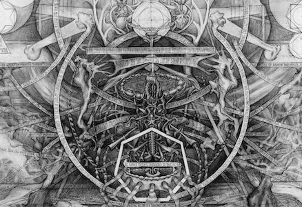 A complex esoteric diagram with heart, roots, alchemical symbols, Hebrew inscriptions