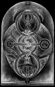 An arched black esoteric diagram mapping divine light, anatomy, and alchemy