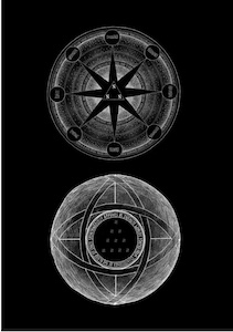 Two black-and-white circular esoteric diagrams with stars, ribbons, and symbolic grids
