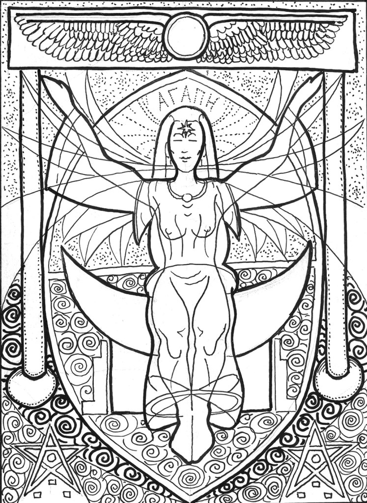 Female figure seated on crescent moon throne with halo and sun disk
