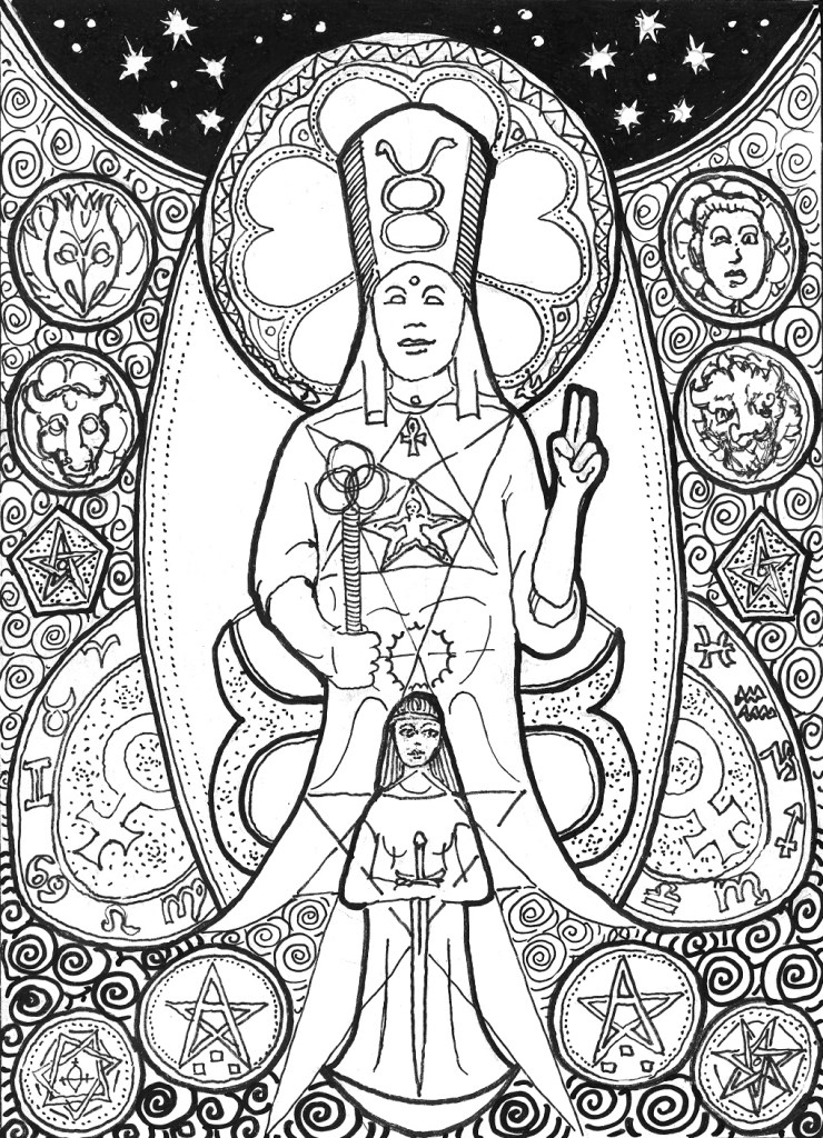 Seated male figure with headdress, wand, halo, and standing female figure
