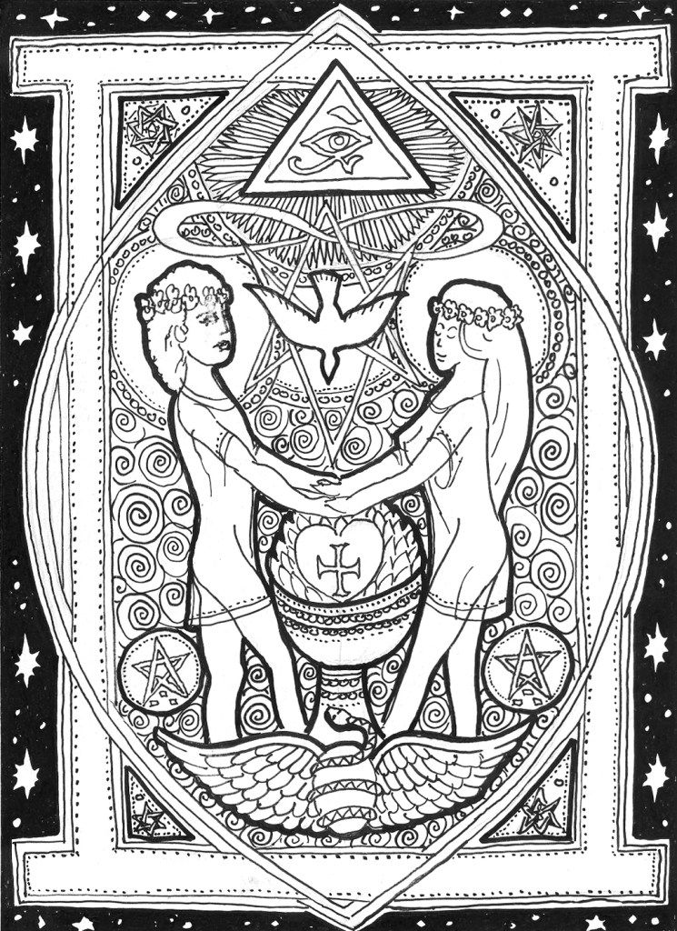 Illustration of man and woman with cup, dove, hexagram
