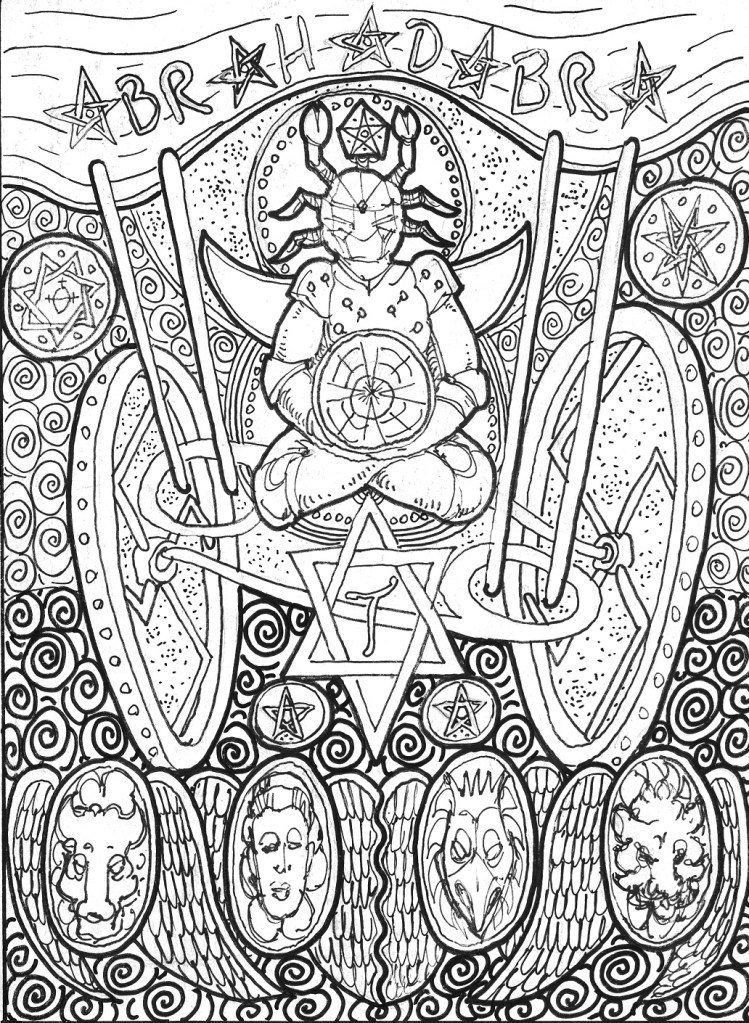 Meditative figure in chariot with insect helmet, shield, hexagram, medallions
