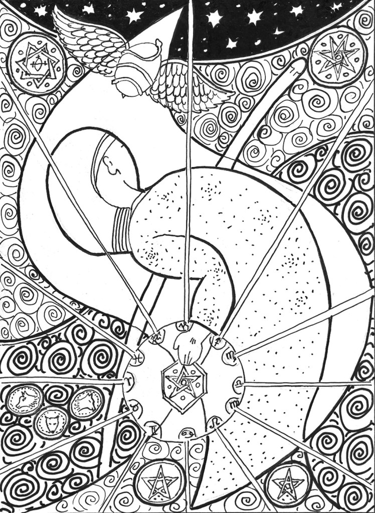 Hunched figure above octagonal mandala with astrological symbols and winged beetle
