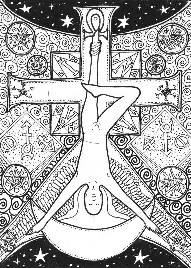 Nude figure hangs upside down from T-cross with Ankh and crescent
