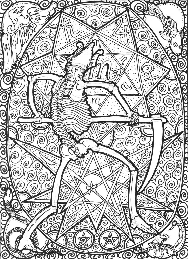 Skeletal figure holding scythe inside overlapping pentagrams and hexagrams
