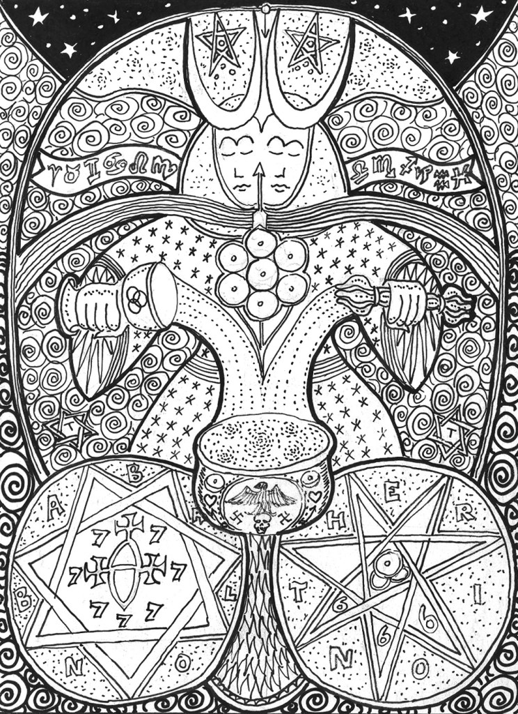 Symmetrical black-and-white illustration with dual-faced figure, cauldron, symbols
