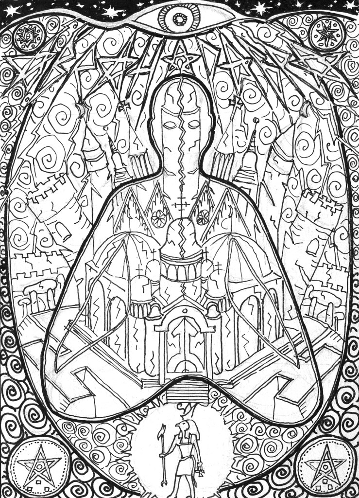 Symmetrical illustration of split building, humanoid figure, lightning, and Horus
