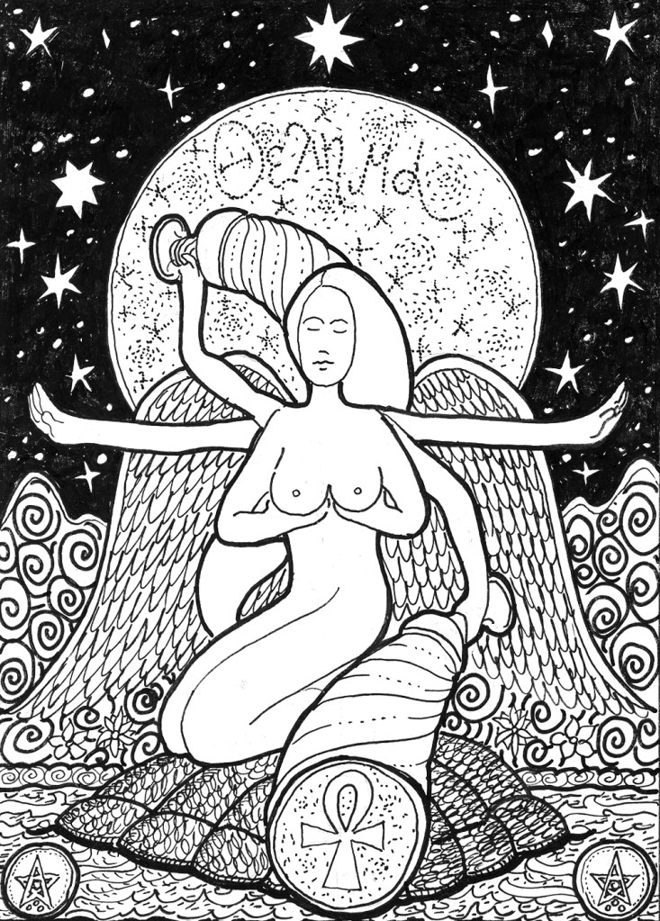 Kneeling nude winged figure with cups, Ankh symbol, stars, and mountains
