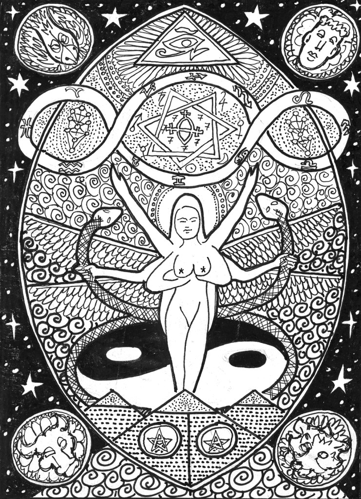 Four-armed nude female dancing with snake ring, Yin-Yang, Eye, heptagram
