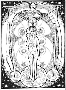 Nude figure with finger to lips, hexagram, Eye of Horus above