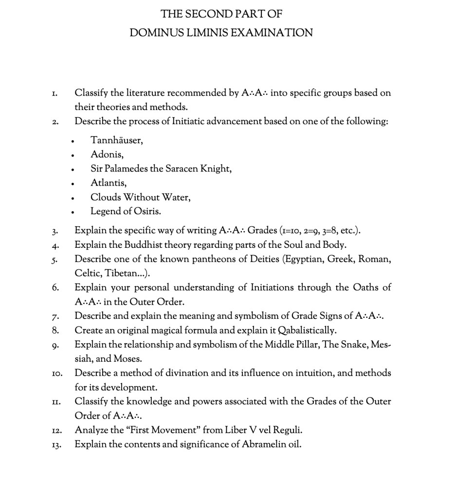 Dominus Liminis grade examination questions for magical and esoteric studies, part two
