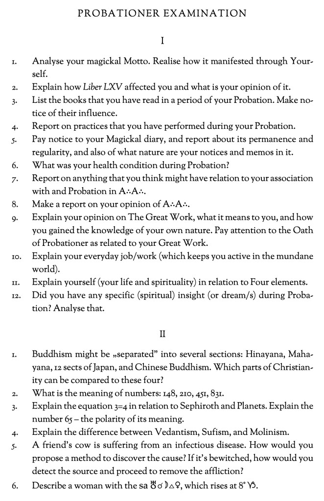 Probationer grade examination questions for magical and esoteric studies