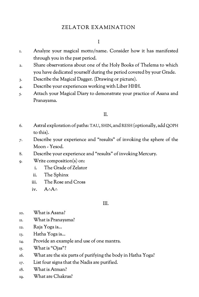 Zelator grade examination questions for magical and esoteric studies, part one