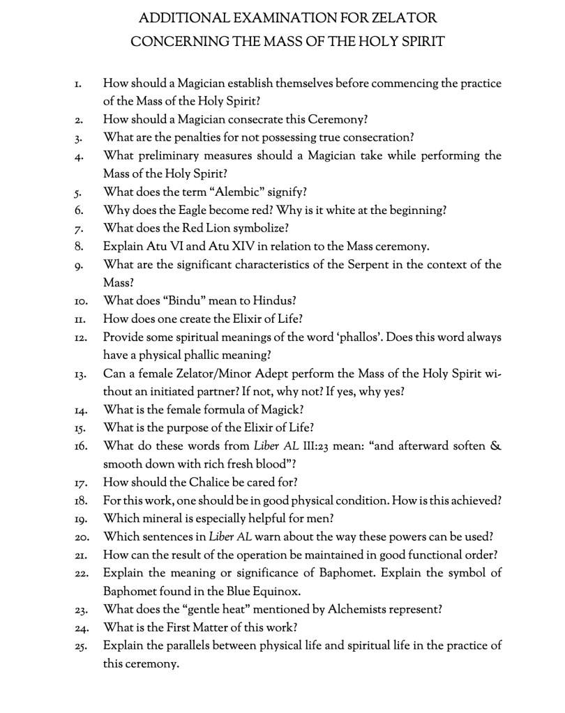 Zelator grade additional examination concerning the Mass of the Holy Spirit