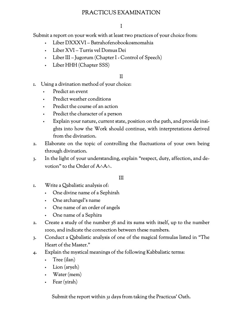 Practicus grade examination questions for magical and esoteric studies
