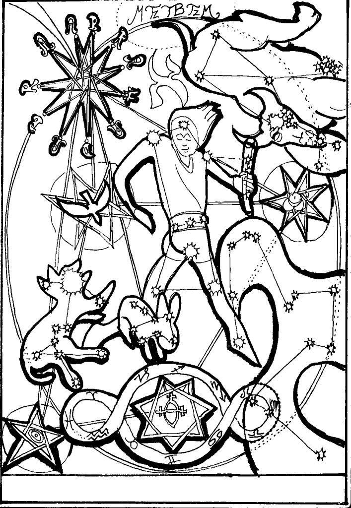 Constellation male figure holding staff, surrounded by animal stars and serpent
