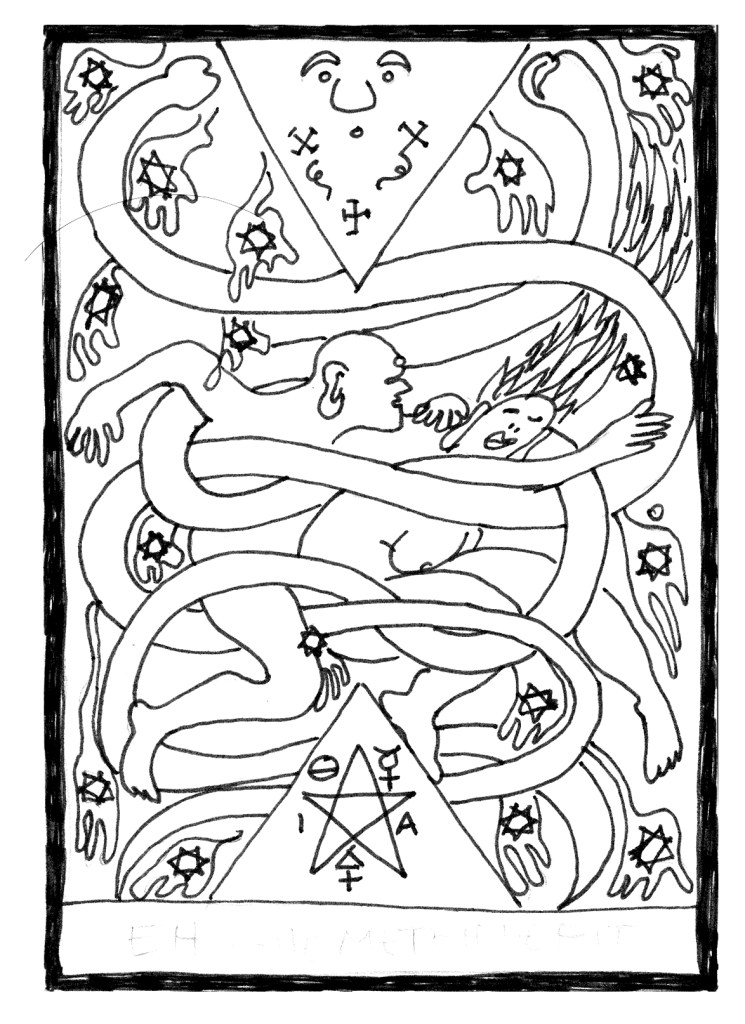 Intertwined man and woman wrapped by serpent, triangles, pentagram, planetary symbols