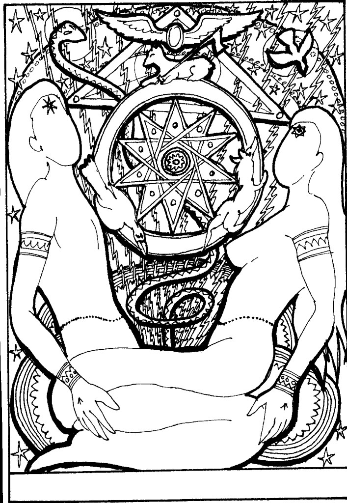 Two nude mirrored figures with heptagram wheel, lion, snake, and bird
