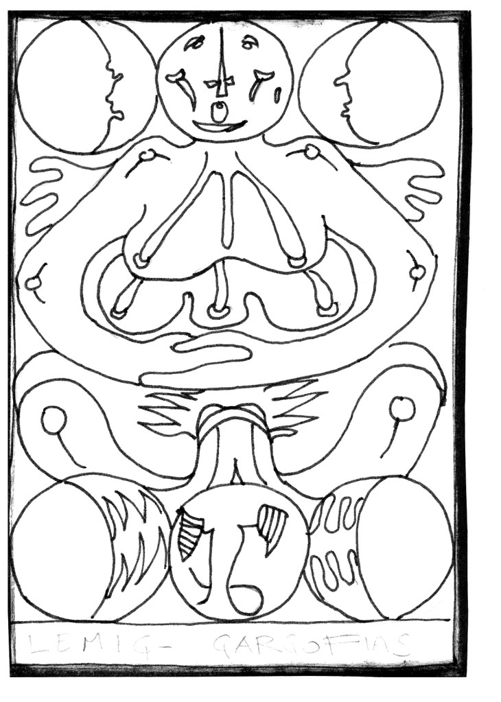 Symmetrical esoteric drawing of smiling central figure, faces, breasts, circles, wavy lines