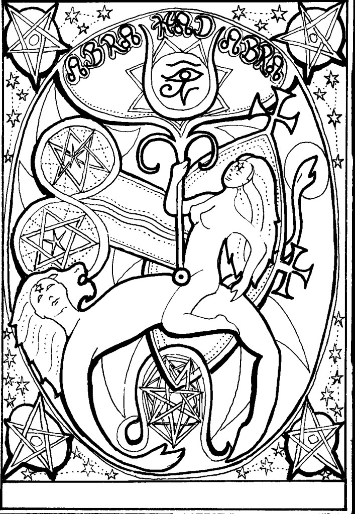 Inverted nude woman holding staff with Eye of Horus and stars
