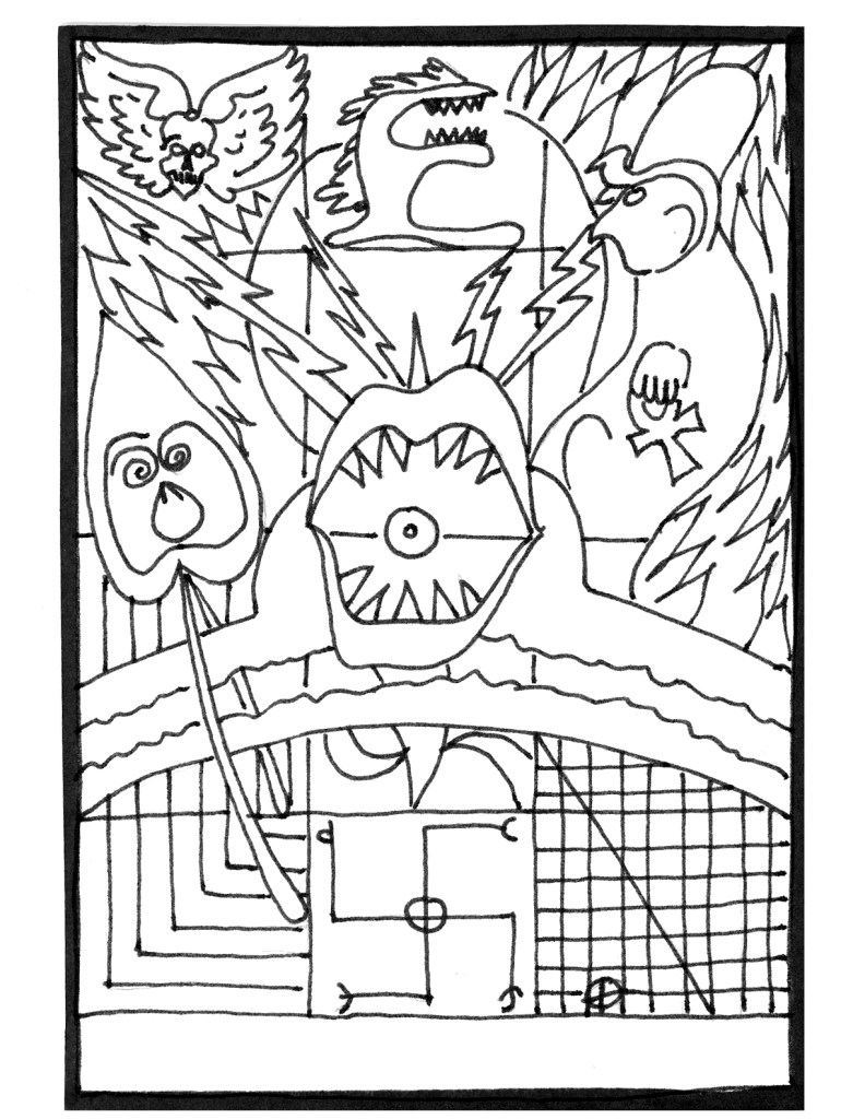 Chaotic esoteric drawing of central mouth, eye, lightning, snake, skull, crown, geometric patterns