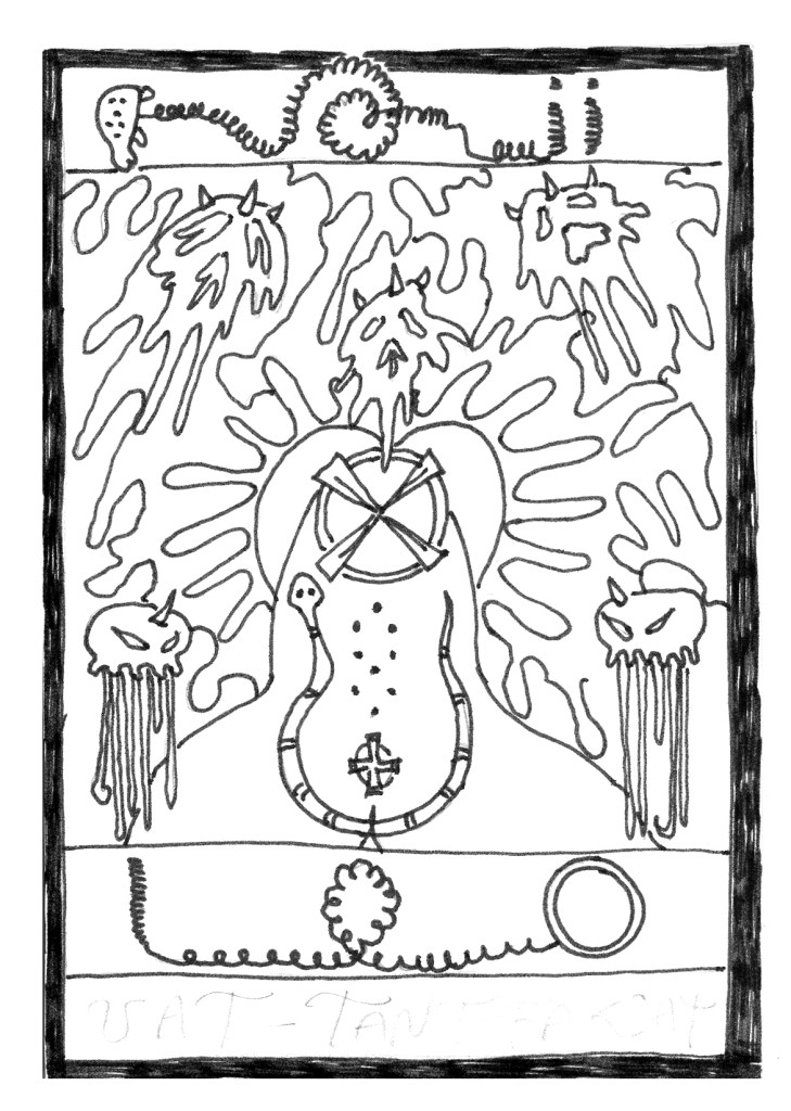 Abstract black-and-white esoteric drawing with hourglass shape, snake, crosses, floating horned figures