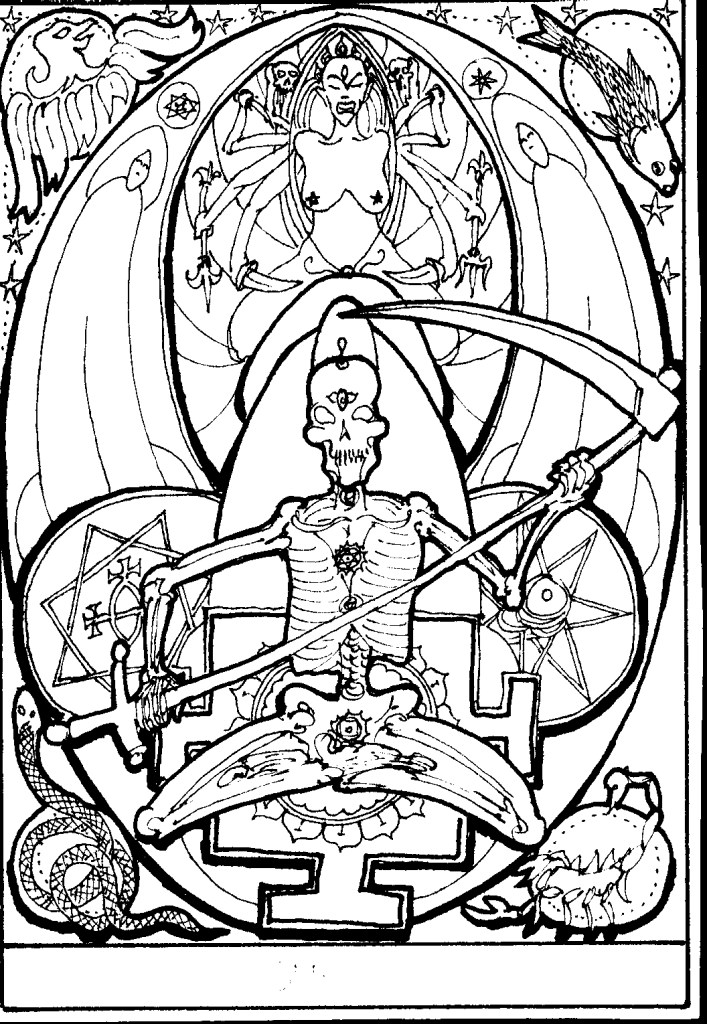 Skeleton in lotus pose holding sword and scythe with goddess above
