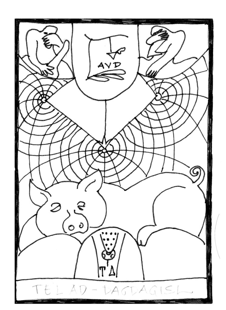 Esoteric black-and-white drawing with pig, shield, concentric circles, chalice, letters