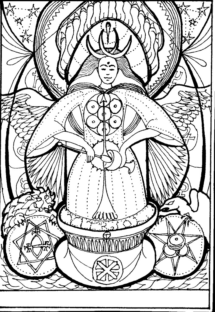 Winged female figure mixing light in chalice with celestial symbols
