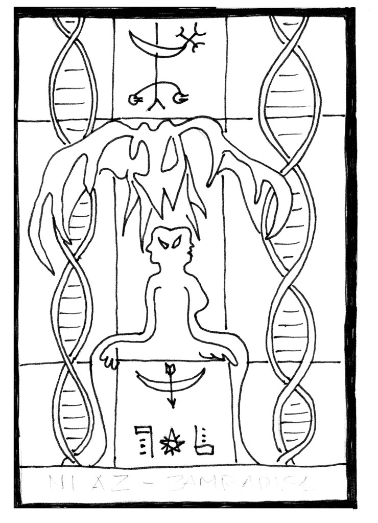 Symmetrical black-and-white esoteric drawing with Janus-headed figure, wings, DNA spirals, symbols