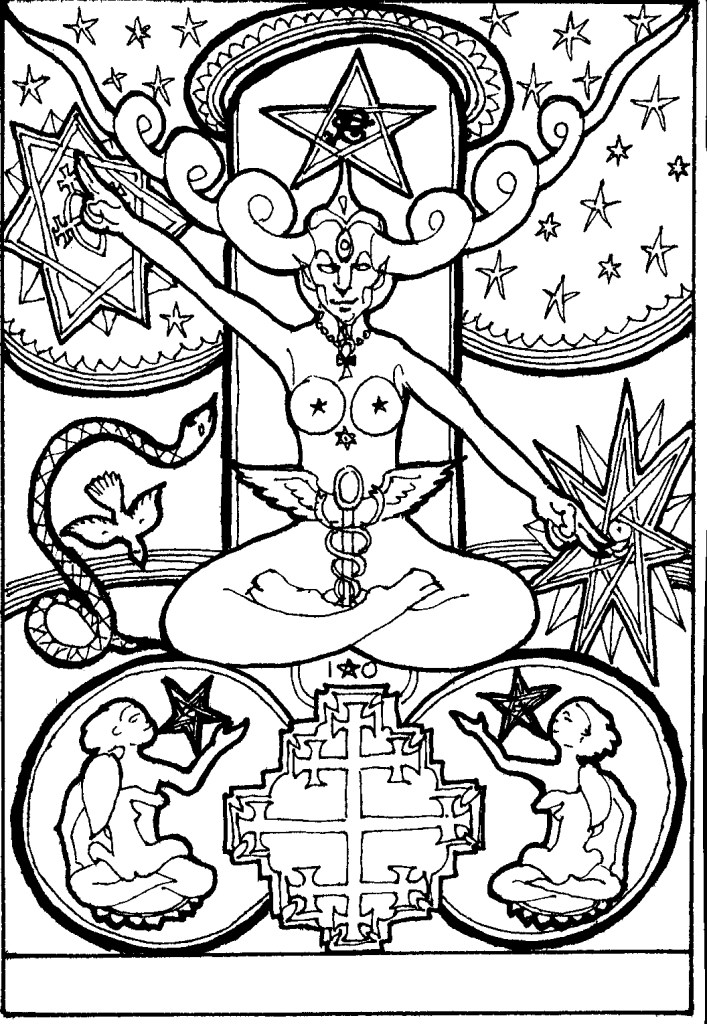 Horned god figure seated lotus pose with caduceus, heptagrams, stars
