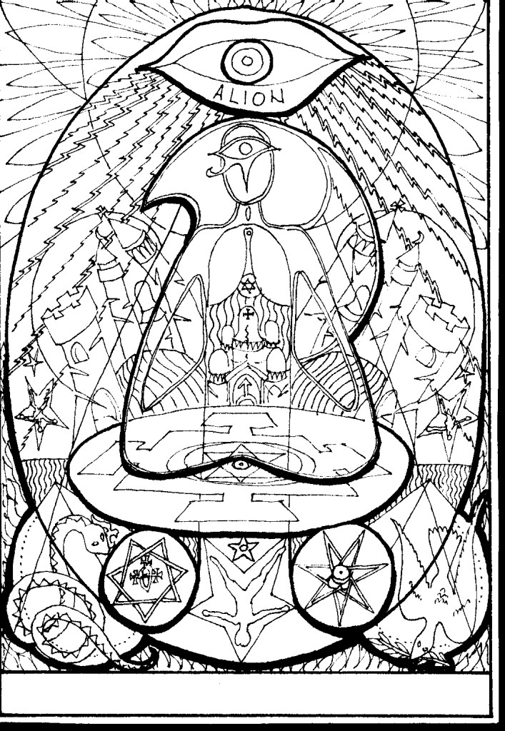 Eagle-shaped armor cocoon with meditating figure, Eye of Horus, lightning
