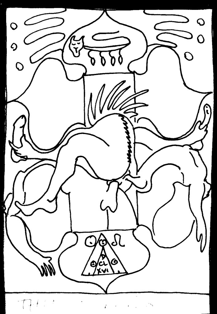 Esoteric nude figure, twisted limbs, wolf symbol, shield, mystic markings