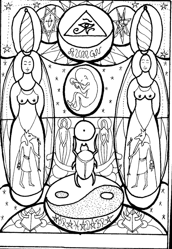 Symmetrical vertical drawing of fetus, scarab, and spiritual symbols
