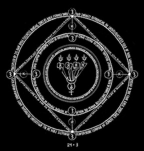 Circular black-and-white illustration with central flaming Hebrew letter Shin, concentric rings, and nodes