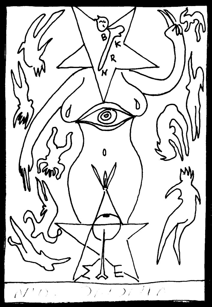Esoteric nude female figure with pentagram, open eye, sword, floating silhouettes