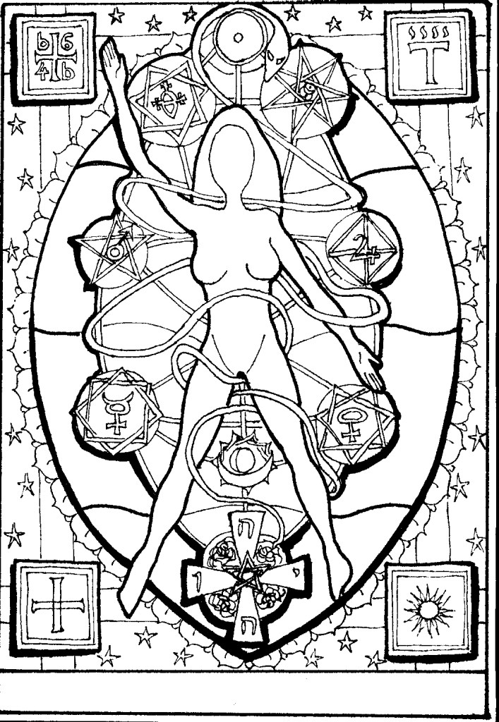 Vertical black-and-white drawing of goddess inside cosmic egg with planetary symbols
