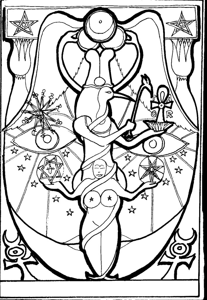 Thoth and nude four-armed woman with sun disk, pentagrams, and Mercury symbols
